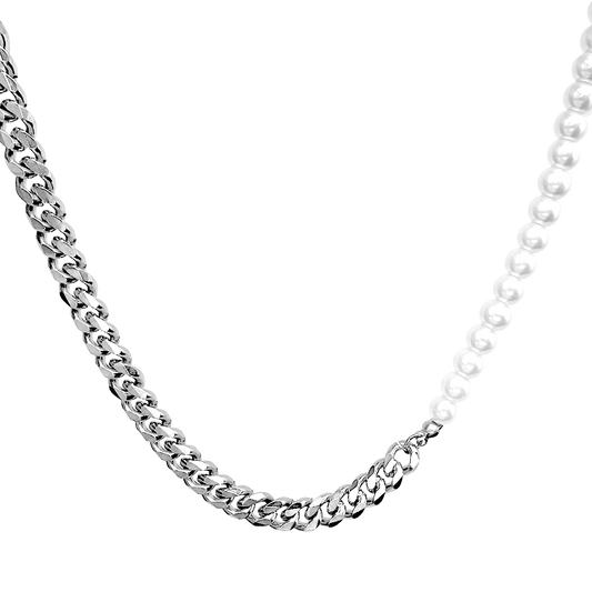 Stainless Steel Half Cuban & Pearl Chain